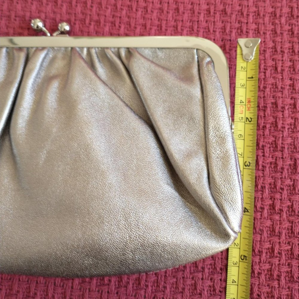 Express Silver Leather Pleated Clutch Evening Handbag Purse - Picture 6 of 8